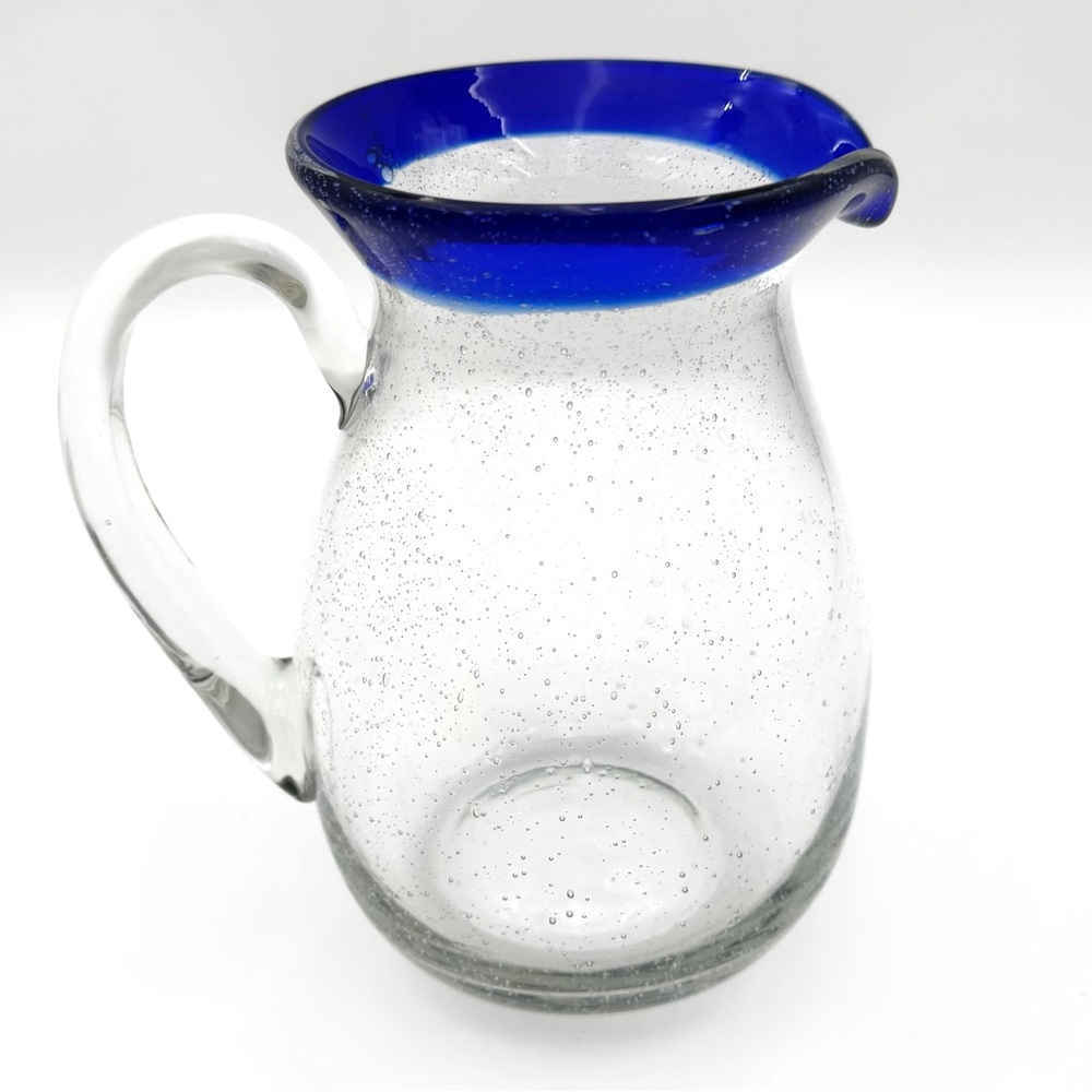 VTG Hand Blown Mexican Glass Pitcher Vase Cobalt Blue Handle - Juice - 72 oz